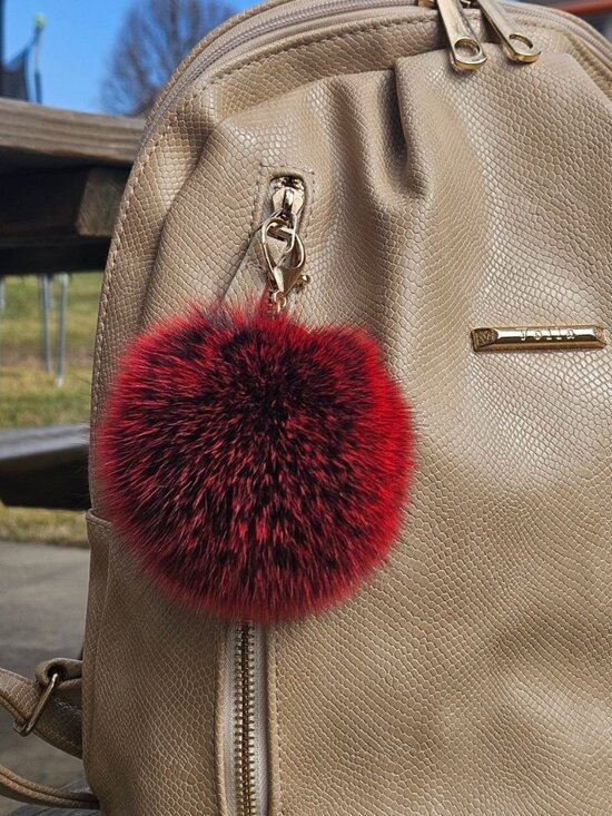 hand made Accessories - Real Fox Fur Pompom Bag Charm Accessory, Black Red Tips Fluffy Ball Keychain